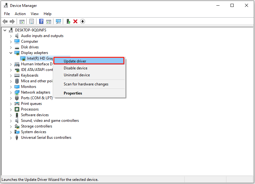 update the display driver in Device Manager