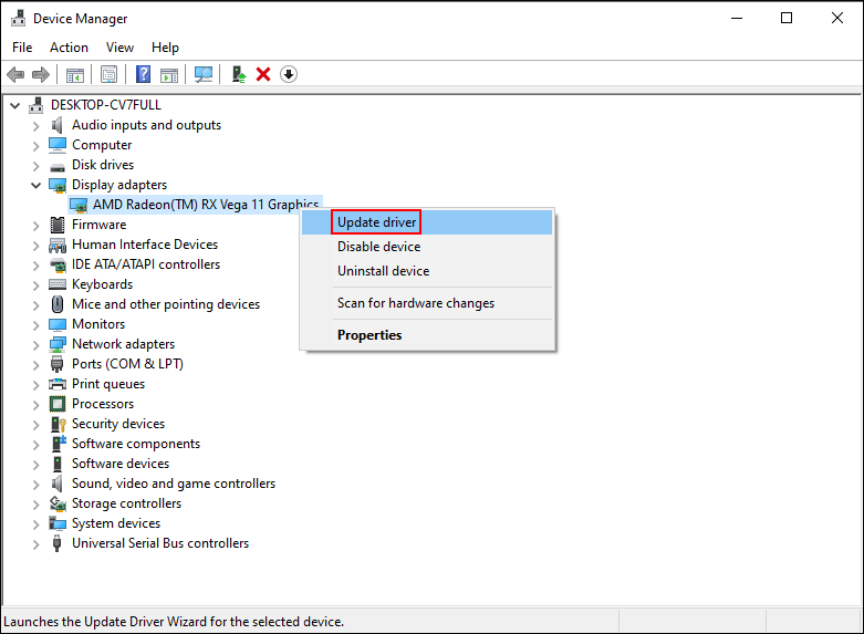 update the graphics driver in Device Manager