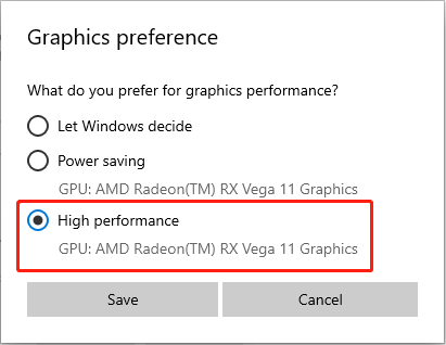 change Graphics preference to High performance