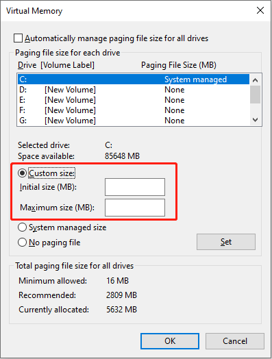 set the initial size and maximum size of virtual memory