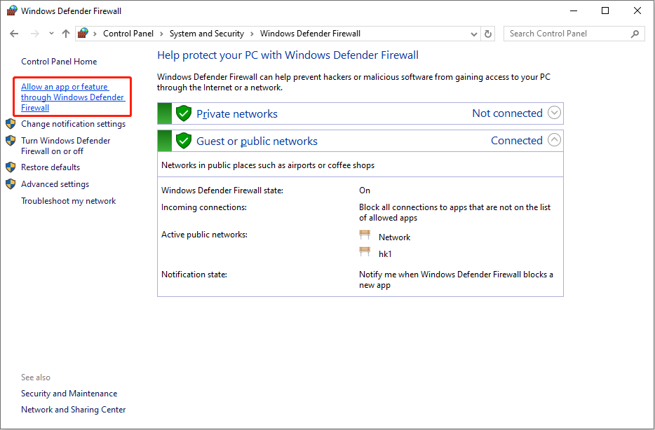 choose Allow an app or feature through Windows Defender Firewall in Control Panel