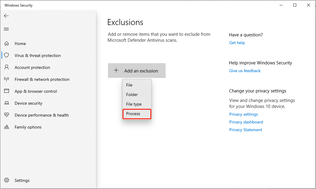 click the Add an exclusion button and choose Process to add Hearthstone to the Windows Defender exclusions list