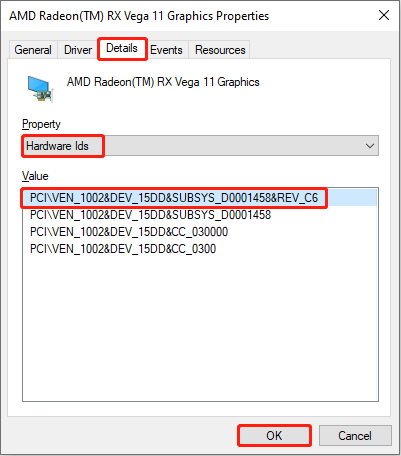 Under the Details tab of AMD graphics properties, the hardware device ID and subsystem ID are displayed under Value