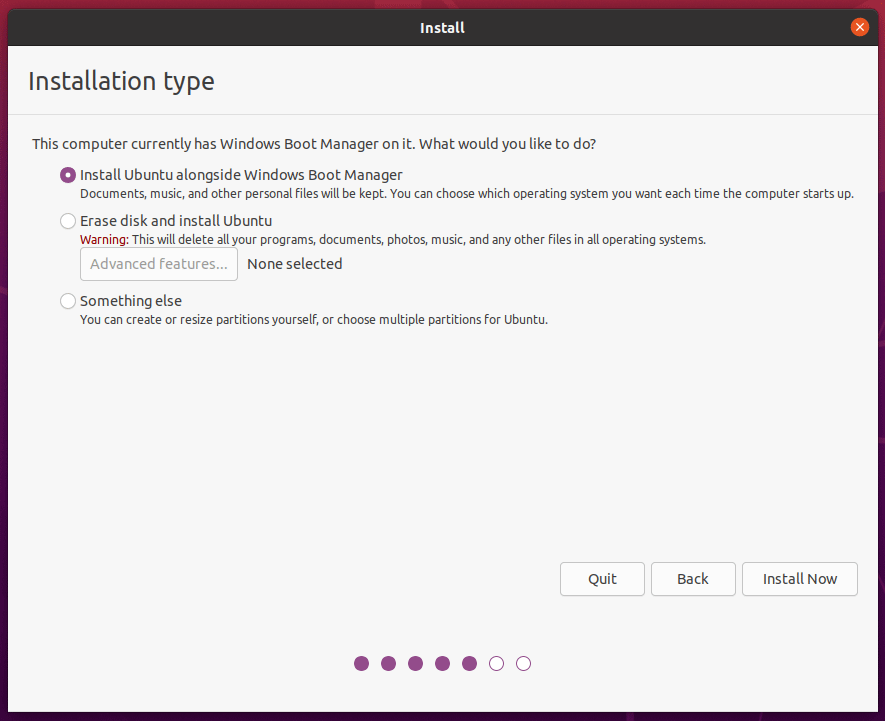 choisir le type d'installation d'Ubuntu