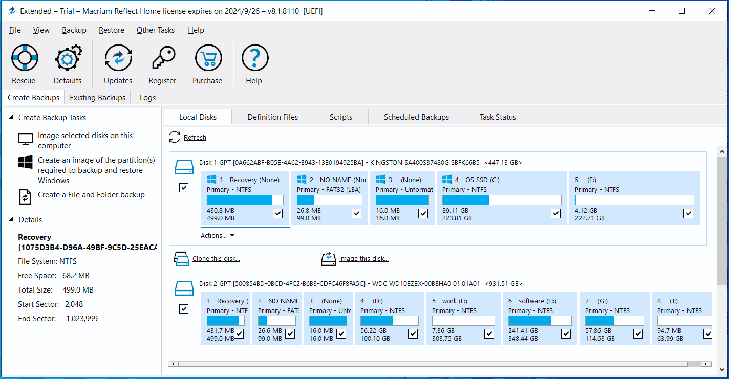 Macrium Reflect main interface