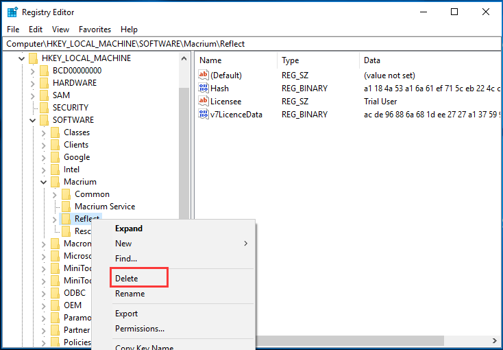 remove Macrium Reflect from Registry