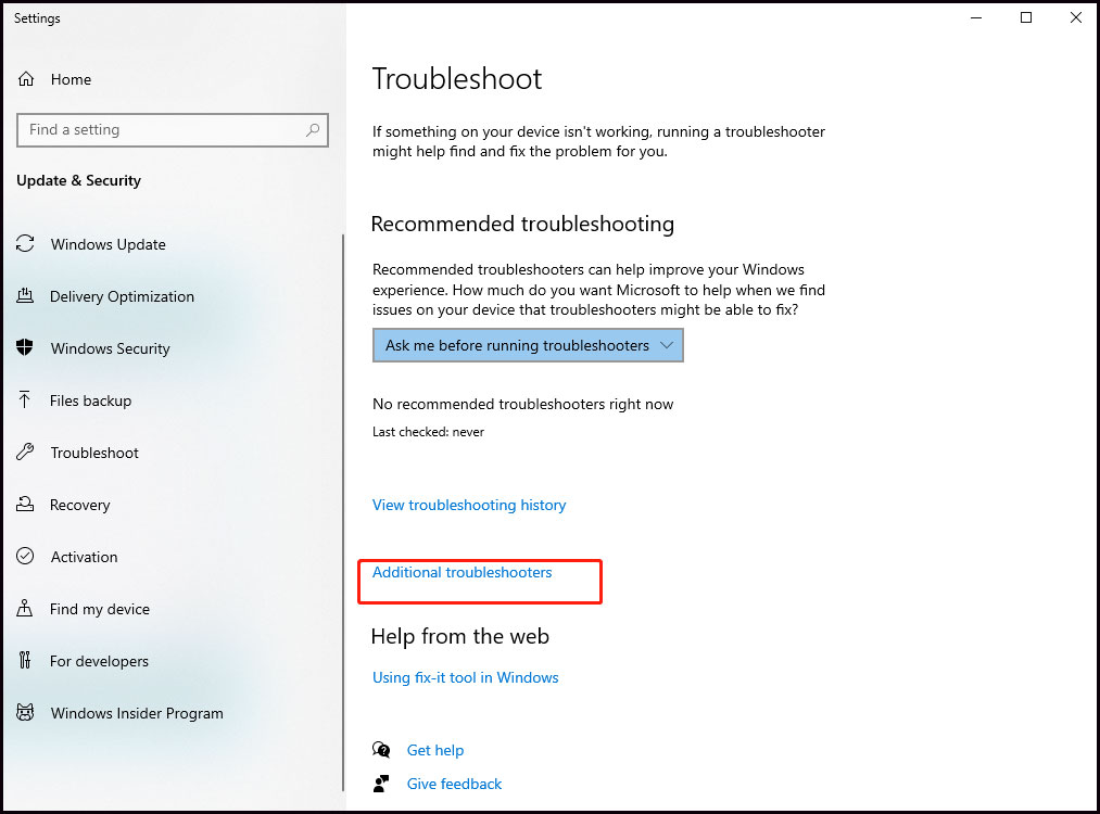 the Additional troubleshooters link