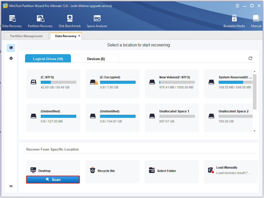 sélectionnez le bureau à analyser dans MiniTool Partition Wizard