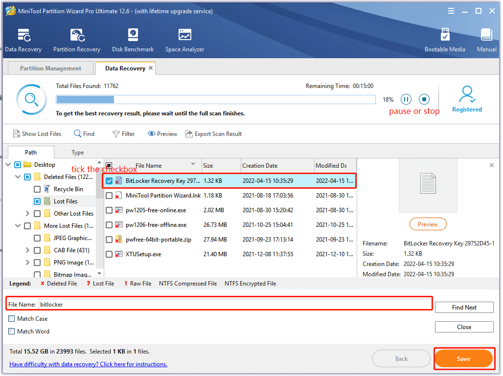 trouver le fichier de clé de récupération BitLocker à l'aide de MiniTool Partition Wizard