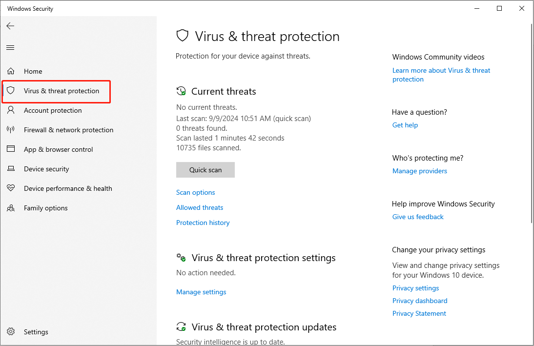 select Virus & threat protection