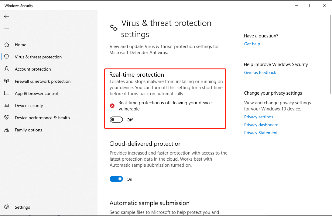 change the toggle of Real-time protection to off