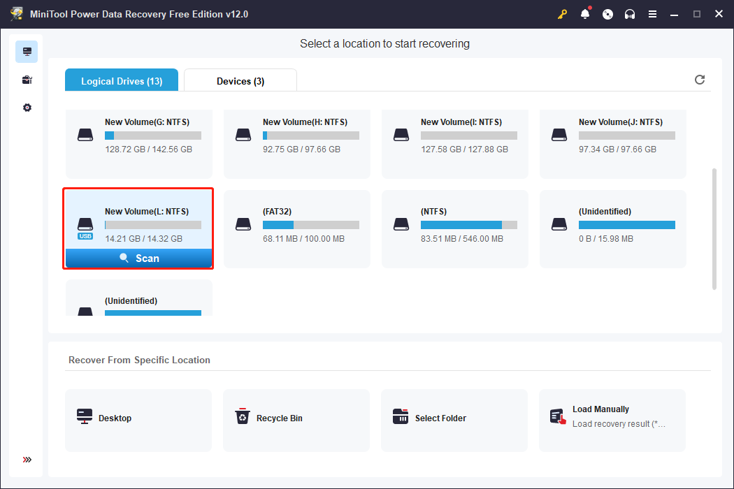 scan the target partition using MiniTool Power Data Recovery