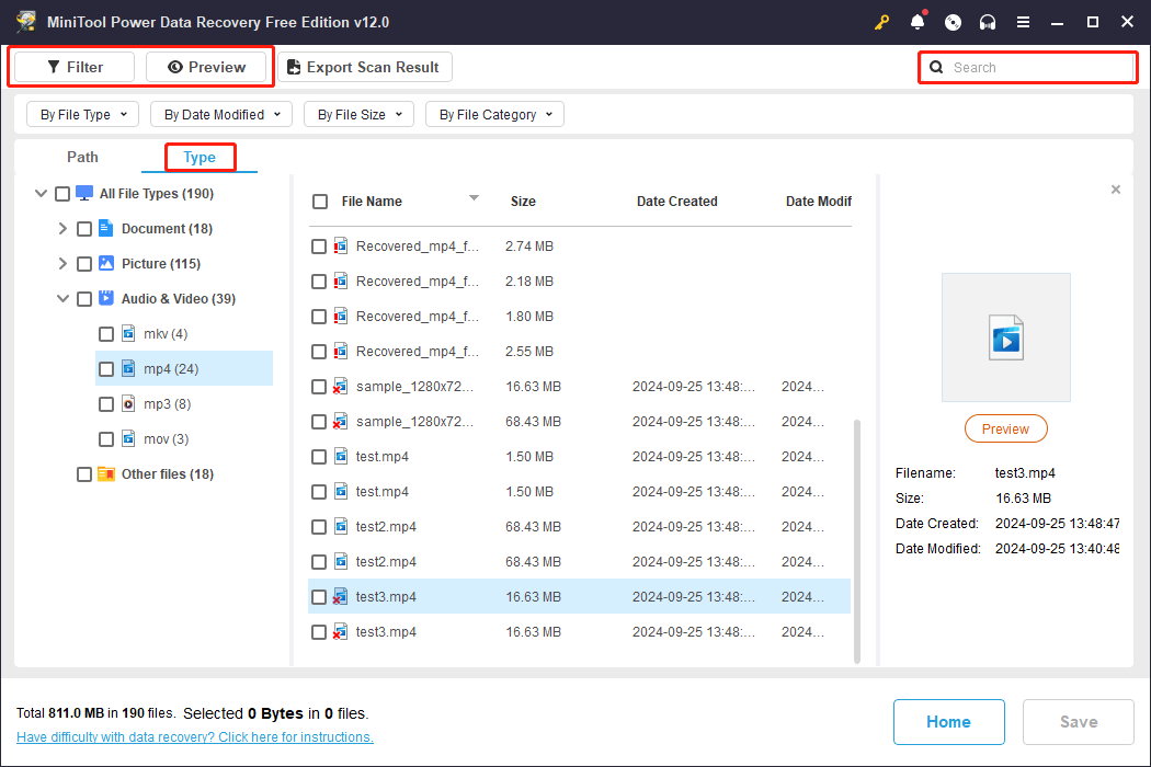 locate files with multiple features in MiniTool Power Data Recovery