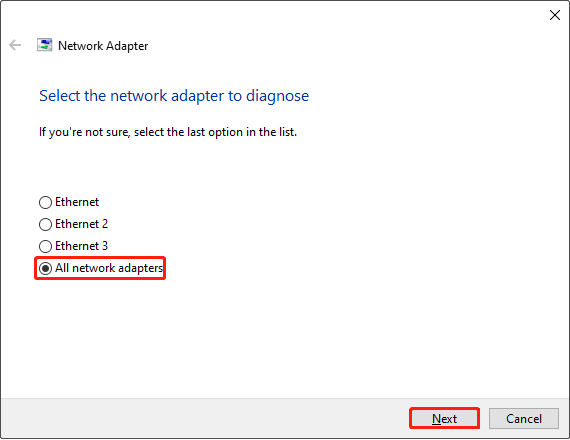 select all network adapters to diagnose