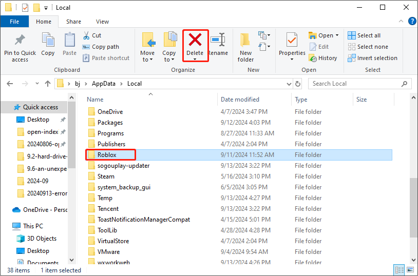 delete the Roblox folder