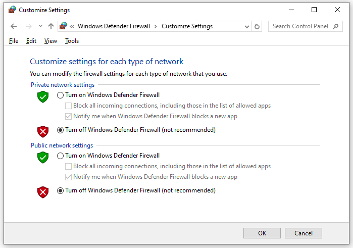 Turn off Windows Defender Firewall (not recommended)