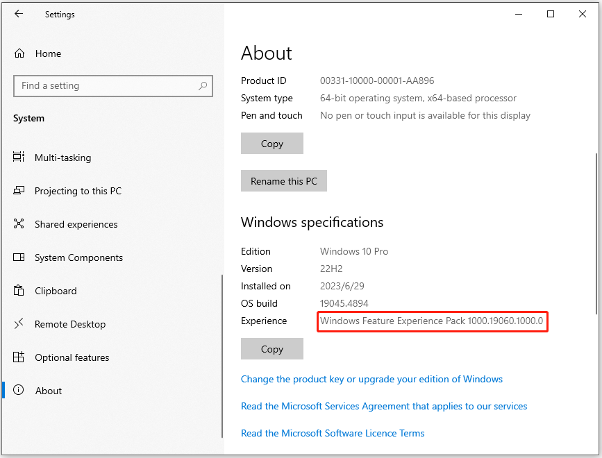 find the Windows Feature Experience Pack’s version number