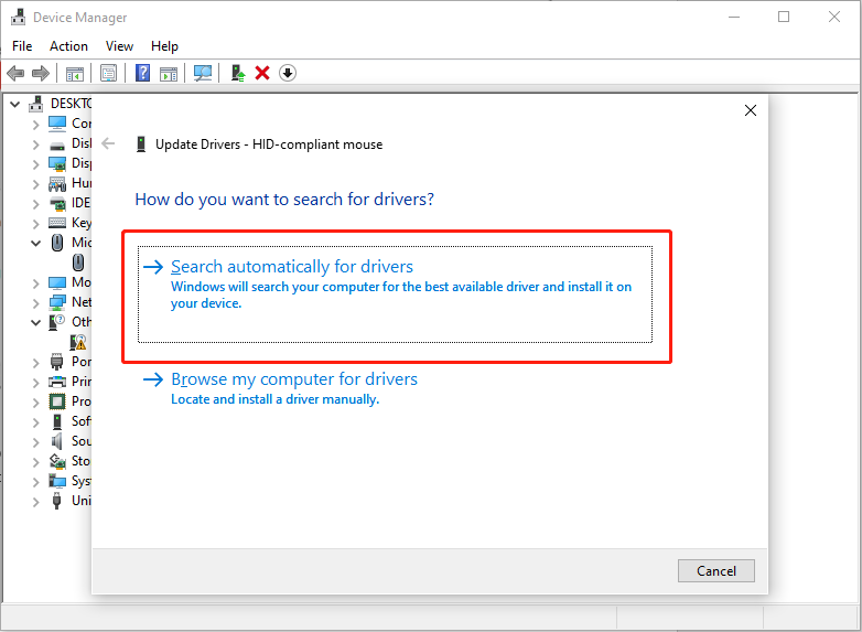 choose Search automatically for drivers