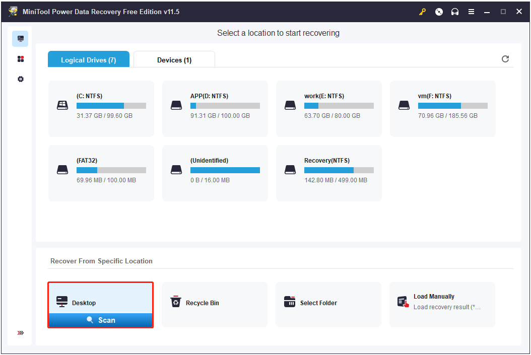 escolha escanear a área de trabalho MiniTool Power Data Recovery