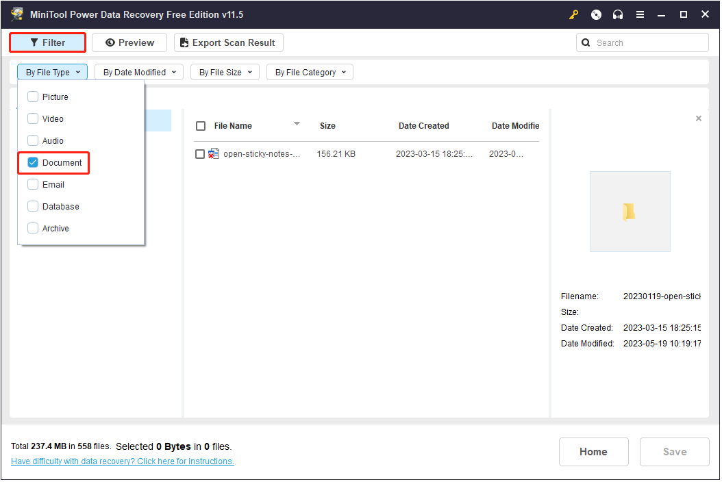 filtrar documento dos resultados da verificação MiniTool Power Data Recovery