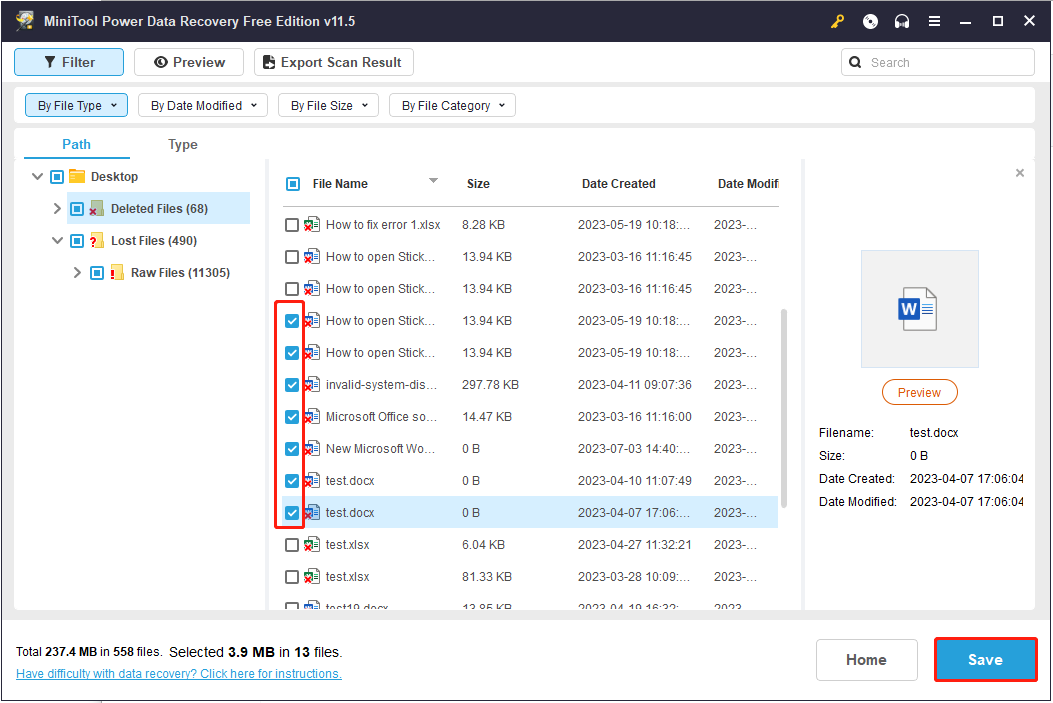 escolha o arquivo necessário para recuperar o MiniTool Power Data Recovery