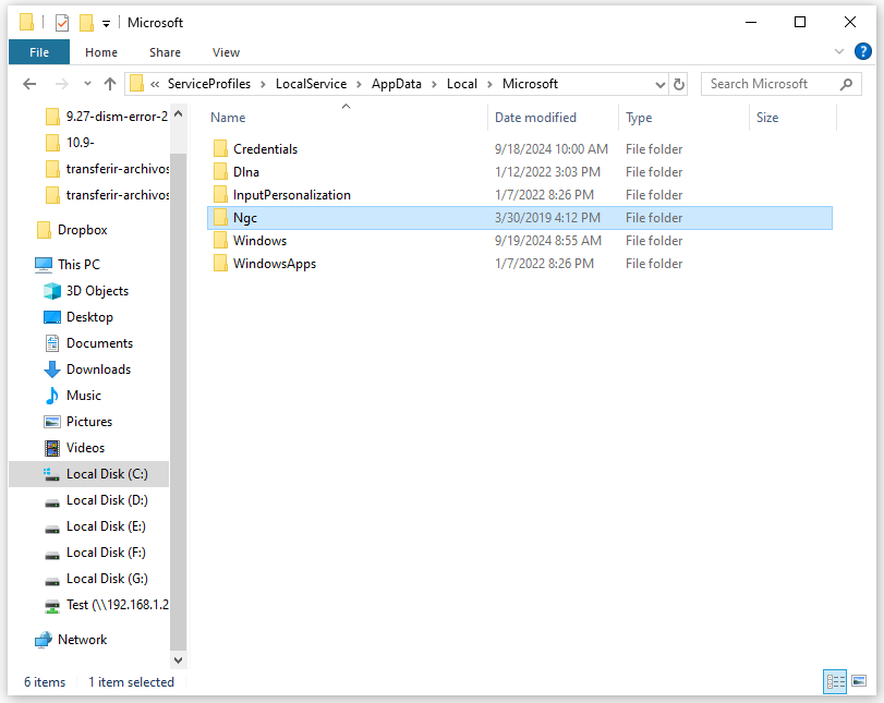 locate the Ngc folder in File Explorer