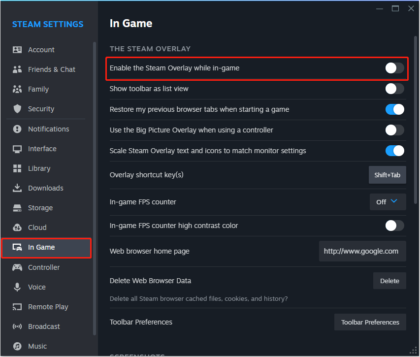 disable the Steam Overlay While in-game