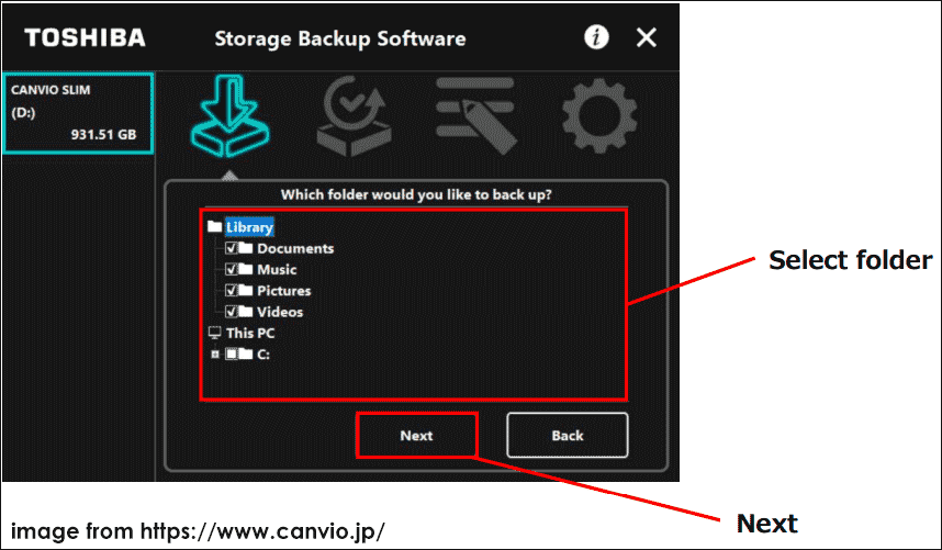 Toshiba Storage Backup Software choose folders to backup