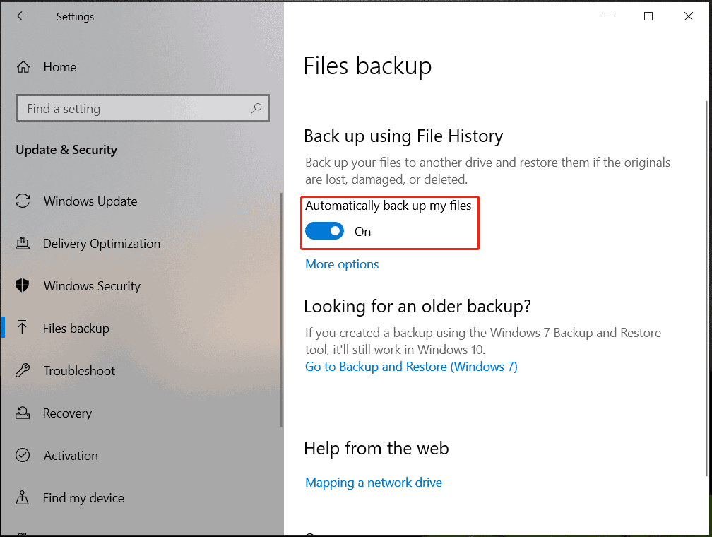 Windows 10 File History automatically back up files