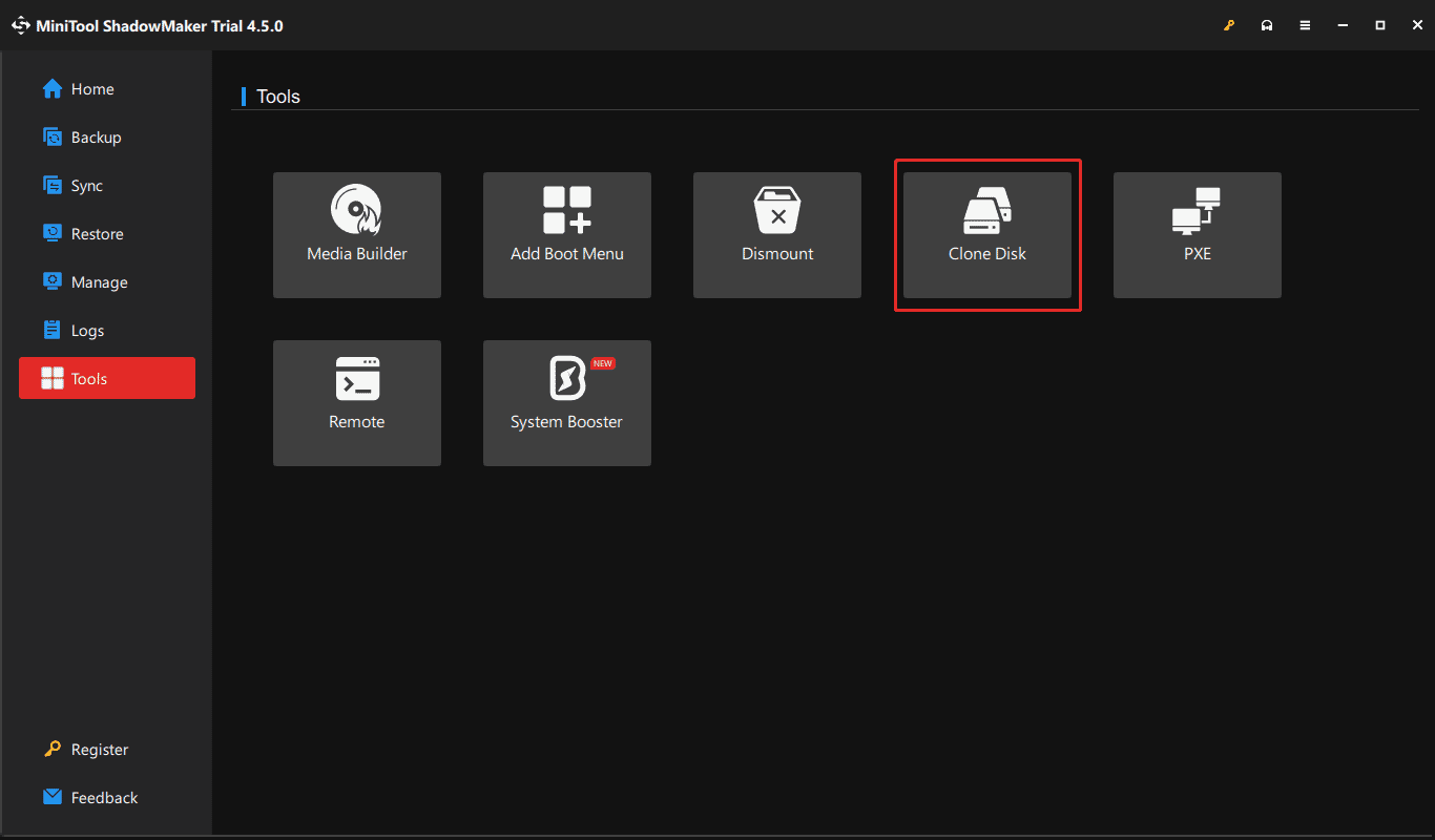 MiniTool ShadowMaker clone disk under Tools