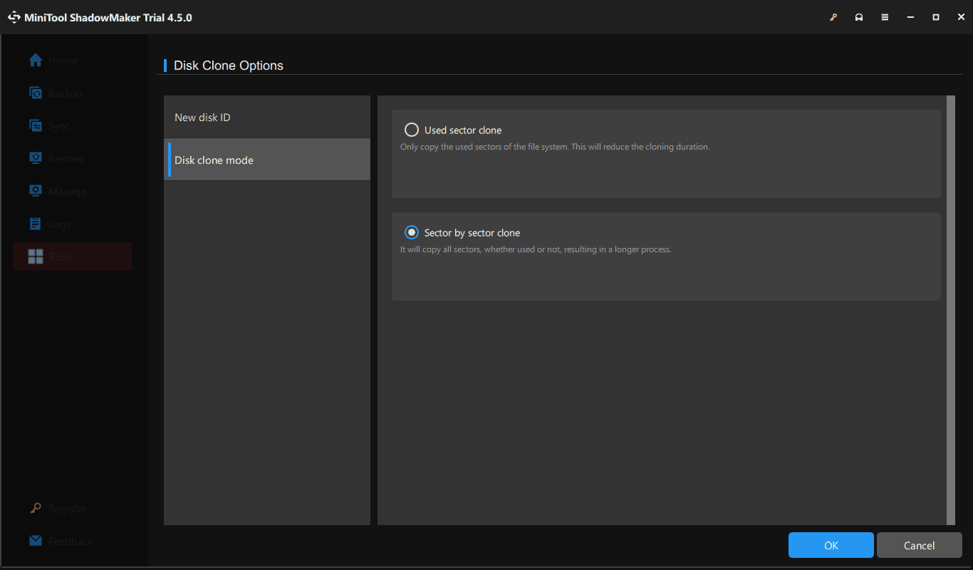 sector by sector clone in MiniTool ShadowMaker