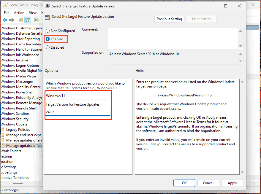 enable Select the target Feature Update version in Local Group Policy Editor