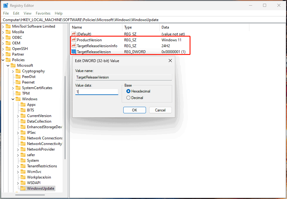 change values in Registry to bypass Windows 11 24H2 queue