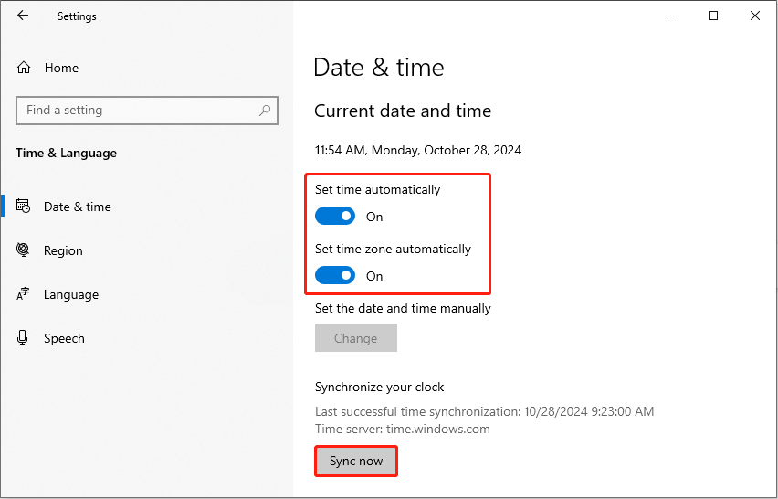 turn the set time and zone automatically options on and synchronize the clock