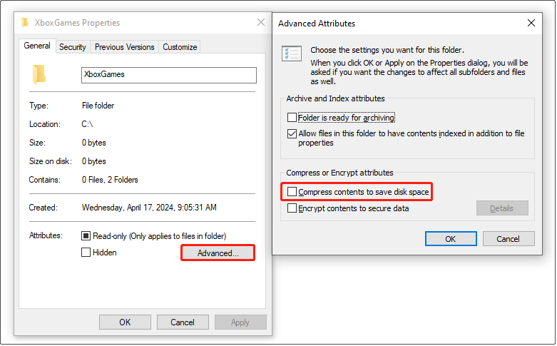 untick the Compress contents to save disk space option in folder advanced properties