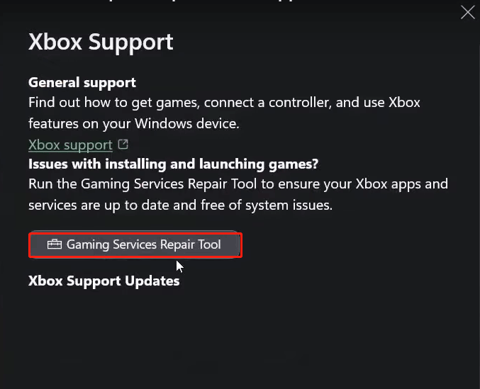 run Gaming Services Repair Tool from the Xbox app