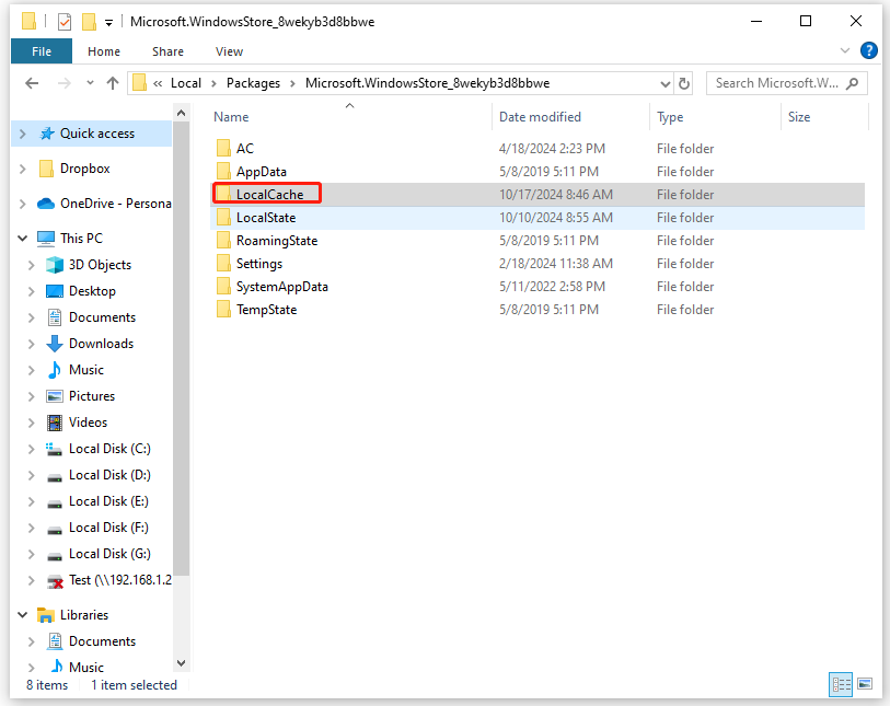 find the LocalCache folder in File Explorer