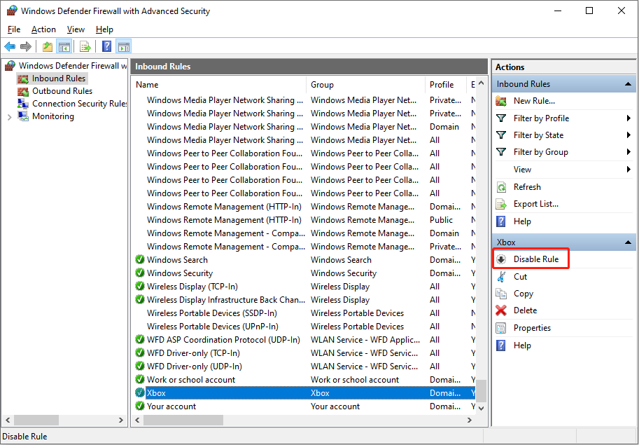 check inbound and outbound rules in Windows Defender Firewall