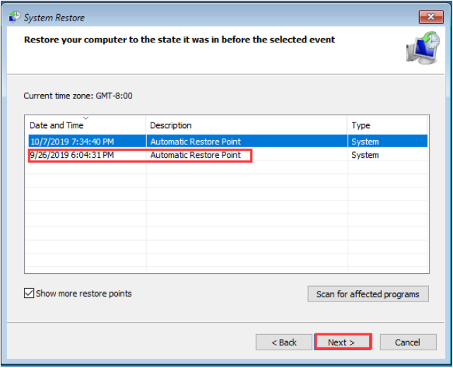 tick the show more restore points checkbox