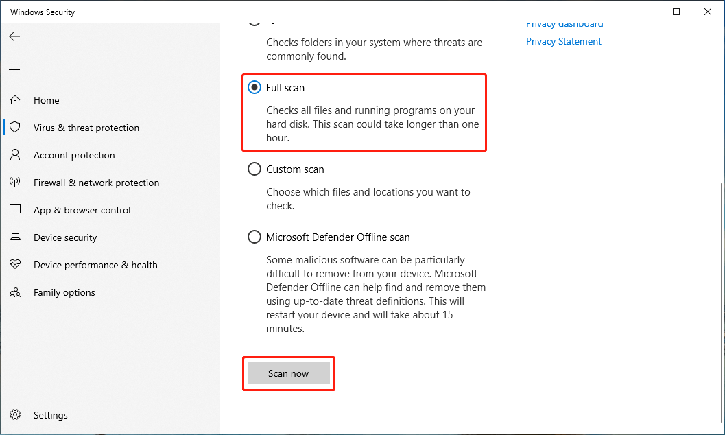 choose the Full scan option to scan