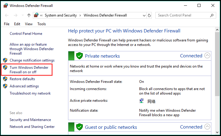 fare clic su Attiva o disattiva Windows Defender Firewall