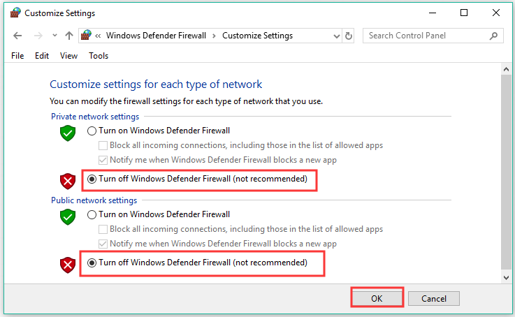 disattivare il firewall di Windows Defender in privato e pubblico