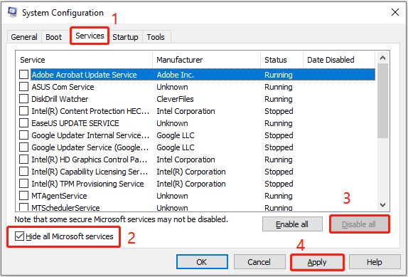 disable all non-Microsoft services in System Configuration