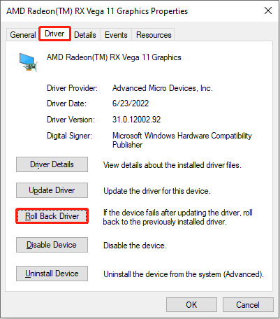 roll back to the previous driver in Device Manager