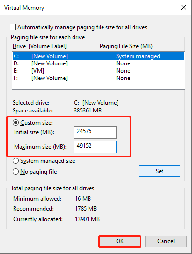 Change Virtual Memory custom size