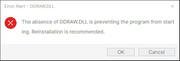 an error message indicates the DDraw.dll missing issue