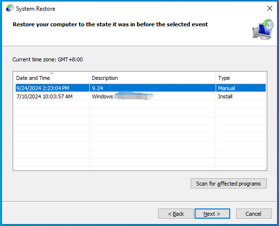 select a system restore point according to your need in System Restore