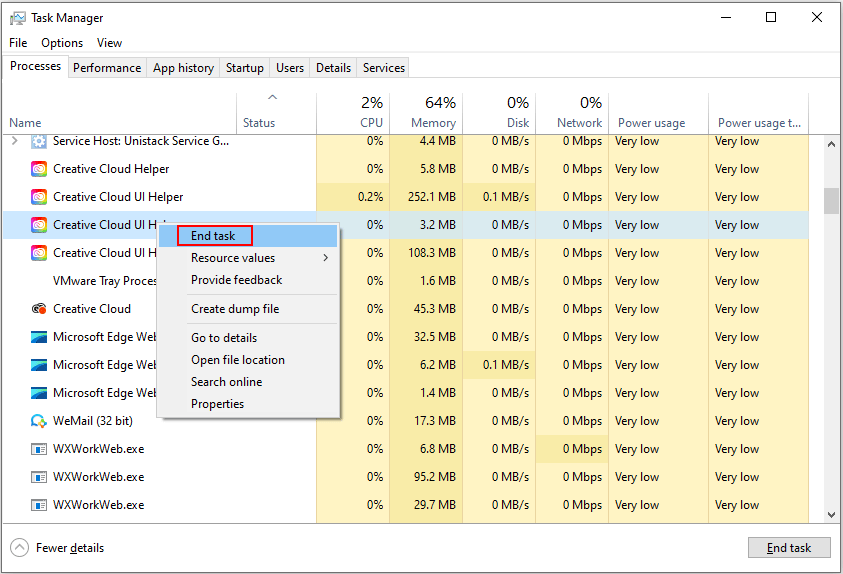 close all unnecessary programs running in the background in Task Manager