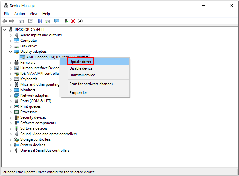 update the graphics driver in Device Manager