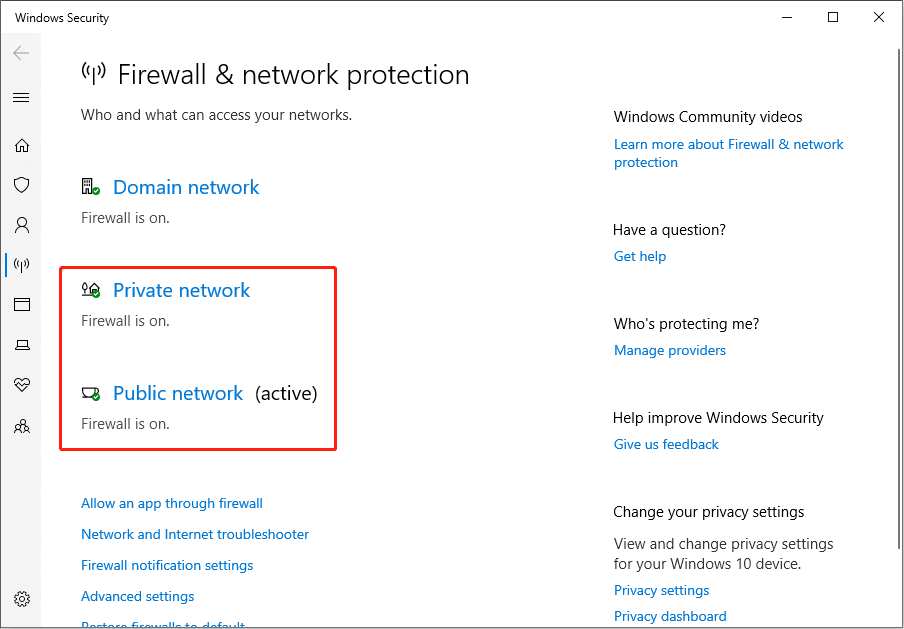 disable Windows Defender Firewall in Windows Settings